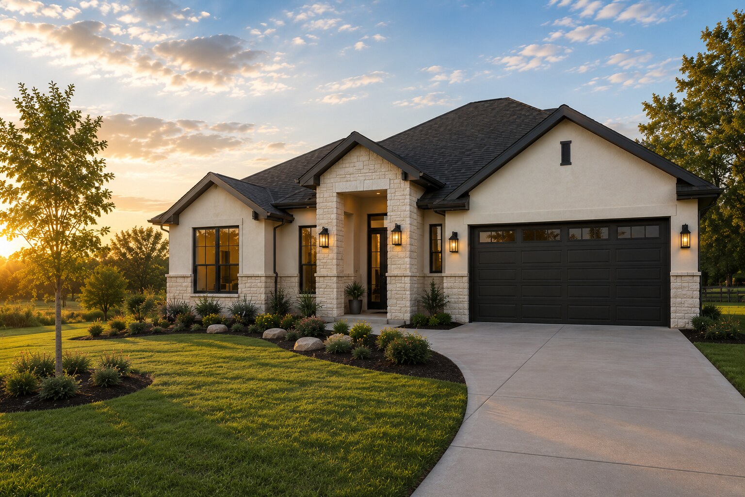 Modern Southwest Oklahoma home with landscaped front entry and attached garage at sunset